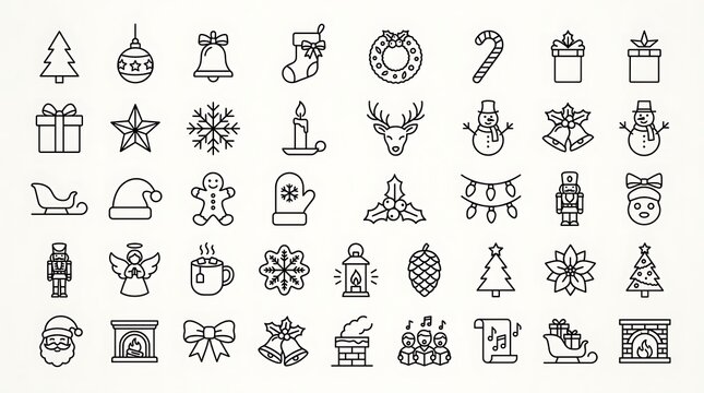 Icons showcasing traditional holiday motifs and seasonal characters are arranged neatly for festive design applications.