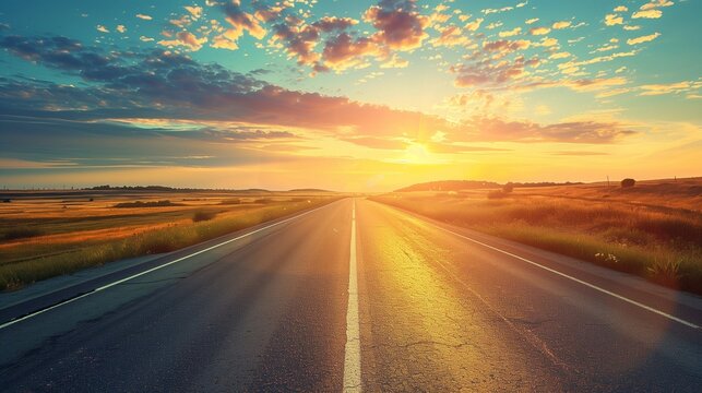 Sunrise over empty highway, hopeful journey theme.