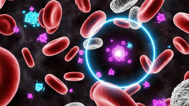 Blood Biomarker Detection Concept Featuring Tiny Glowing Biomarkers Within Red Blood Cells Against a Dark Background