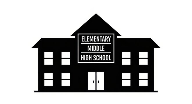 Black and white illustration of a school building facade.