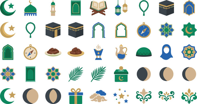 Islamic ramadan kareem flat design vector icon set featuring mosque kaaba quran lanterns crescent moon dates and traditional ornaments illustration