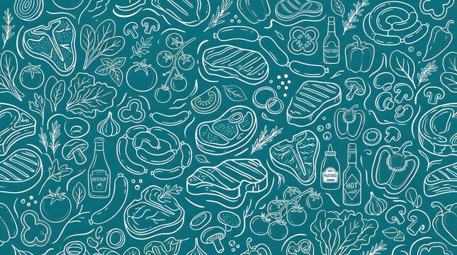 Seamless pattern with various meat products, vegetables and spices