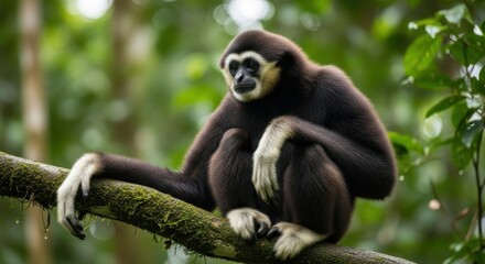 Obraz premium Black and white gibbon resting on a tree branch in forest.