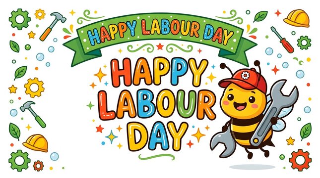 Happy labour day greeting card with a cute bee character