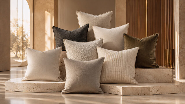 Premium textured throw pillows arranged on luxury stone steps.