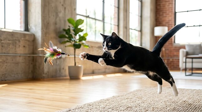 Playful tuxedo cat jumping to catch feather toy in modern loft