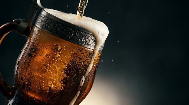 Pouring fresh amber beer into a cold glass stein with white foam