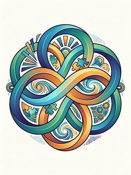 Interlocking infinity symbol with puzzle pieces and nature motifs