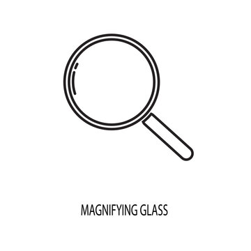 Linear school magnifying glass loupe zoom search inspection and back to school student education classroom research lesson science discovery focus analysis learning vector icon for UI UX