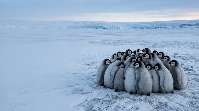 Emperor penguin chicks huddling for warmth in antarctic snow