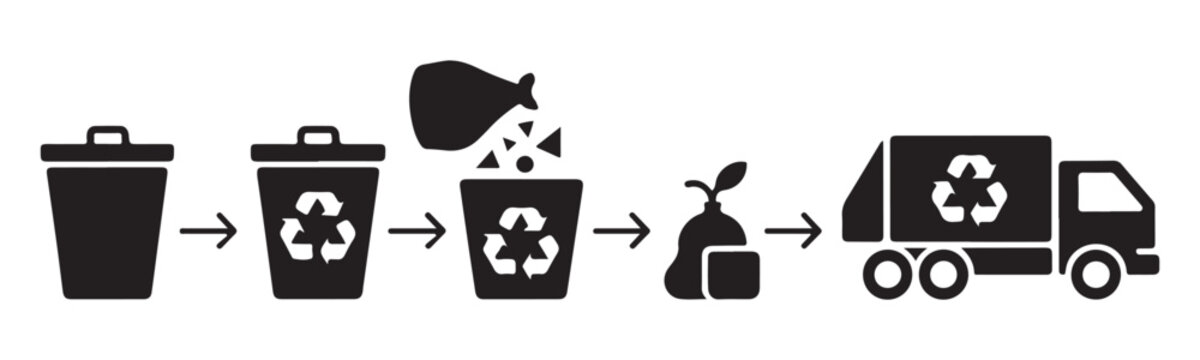 Recycling process icons bin refuse garbage bag compost plant refuse truck symbol motion graphics.