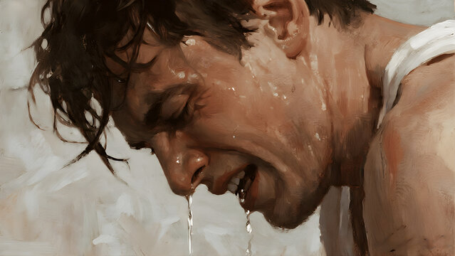An intense artistic painting captures the raw emotion of a sweating man grimacing in physical exhaustion or deep pain.