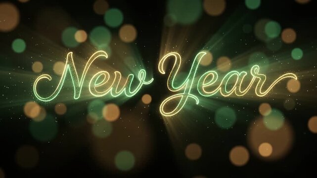 Elegant cursive New Year typography illuminated by golden light rays and flying particles