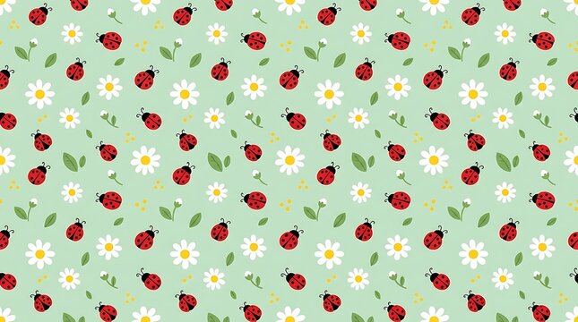 Seamless pattern with ladybugs and white daisies on green background