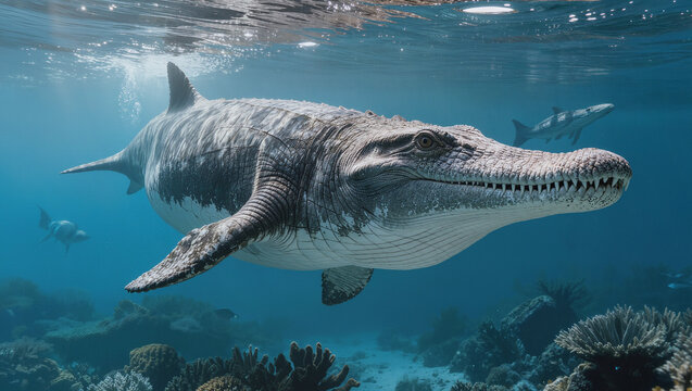 Photorealistic Pliosaur apex predator swimming underwater in prehistoric ocean
