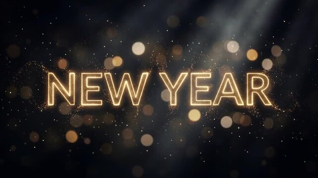 Elegant golden New Year typography animation with slowly swirling glowing dust particles