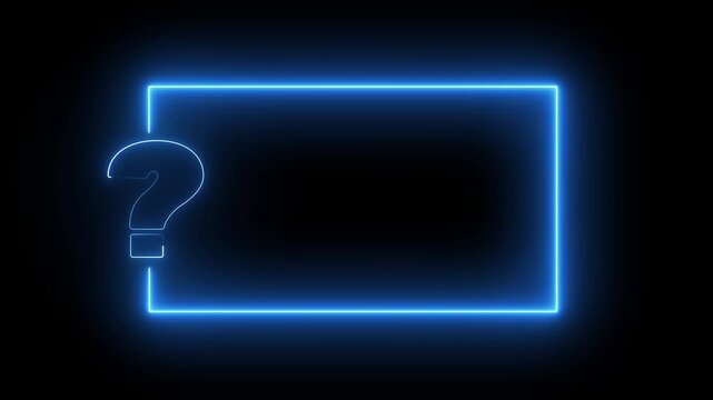 Question mark neon sign light on black background. Quiz trivia game competition. blue neon question mark frame for quizzes and FAQs. Game announcement neon message. Answer question, Examination test.