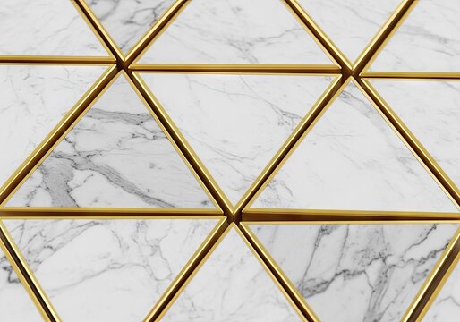 Geometric pattern of white marble triangles with gold frames for design projects