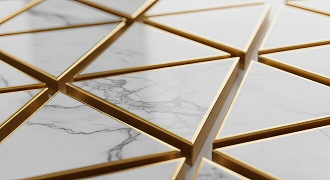 Geometric pattern of white marble triangles with gold colored borders