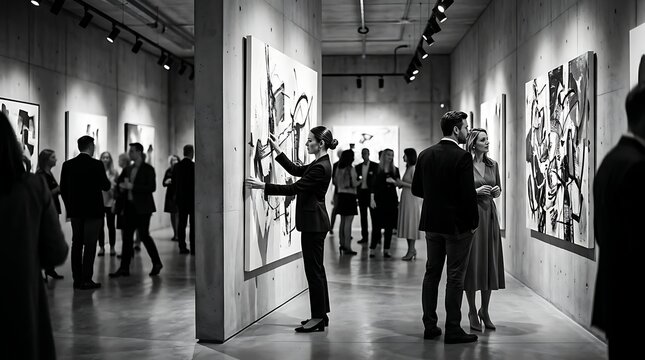 Elegant crowd at a contemporary art gallery exhibition opening