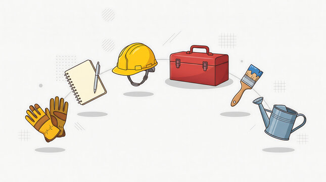 Flat Illustration of Various Work Tools Floating on White
