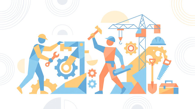 Abstract Vector Illustration of Construction Workers With Gears