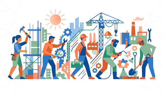 Abstract Illustration of Construction Workers and Industrial Scene