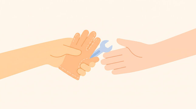 Illustration of Gloved Hand Passing Wrench to Bare Hand
