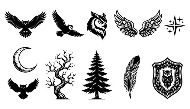 Owl Emblem Collection with Wings Moon Tree Feather and Shield Designs Featuring Design, Black, White with Icon and Symbol