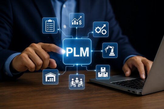 Businessman interacting with plm software interface on laptop at wooden desk