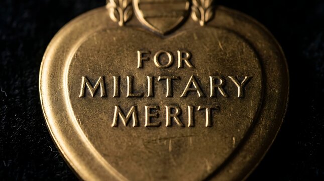 Close up of a heart shaped military merit medal