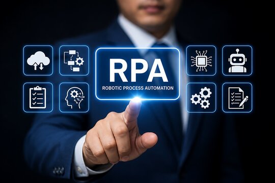 Businessman pressing rpa robotic process automation concept on virtual screen