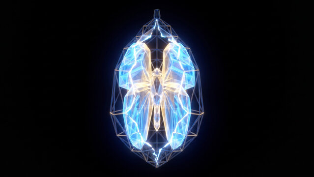 蛹の殻を破り羽化しようとする幾何学的な蝶の結晶を描写したマクロ俯瞰CG画像