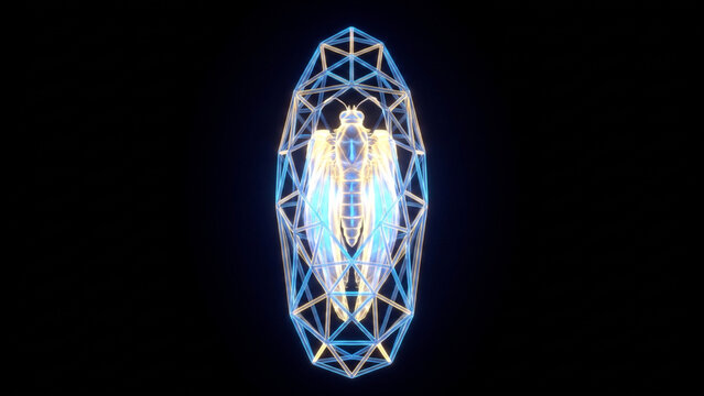 蛹の殻を破り羽化しようとする幾何学的な蝶の結晶を描写したマクロ俯瞰CG画像