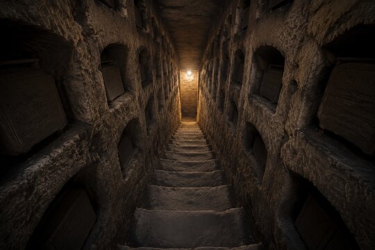 Narrow stone staircase descending into dimness, burial niches lining walls.