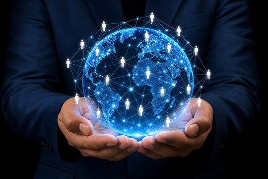 Hands holding glowing digital globe with interconnected people icons on dark background