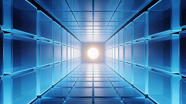 Blue geometric tunnel with glowing light