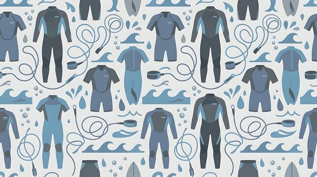Seamless surfing pattern with wetsuits and ocean waves
