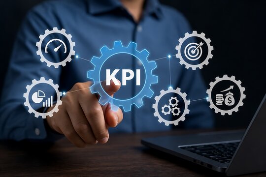 Business professional interacting with kpi dashboard and data analytics icons