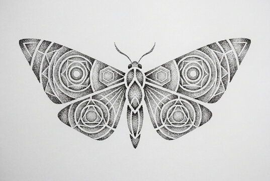 Detailed dotwork illustration of a butterfly with wings filled with intricate geometric circles, triangles, and mandala patterns.