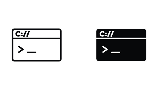 Command prompt terminal icon set featuring computer code syntax in outline and solid black styles for software development and programming interface design elements on white