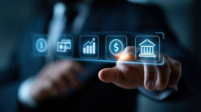 Businessman hand touching holographic screen showing loan ico