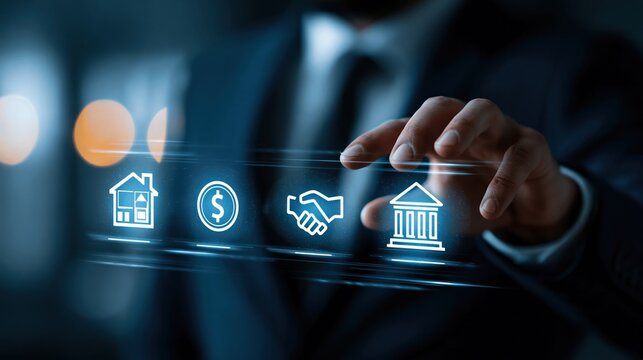 Businessman hand touching holographic screen showing loan ico
