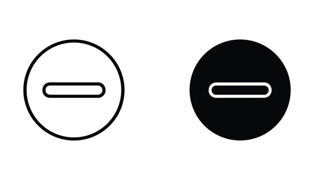 Minus sign icon set featuring simple rounded rectangle shape in outline and solid black versions for user interface navigation buttons and digital control panels on white backgrounds