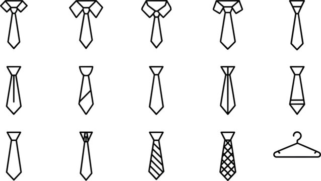 Business necktie and fashion apparel line icon set vector illustration featuring neckties clothing hangers shirts collars formal dress suit dress code style elements
