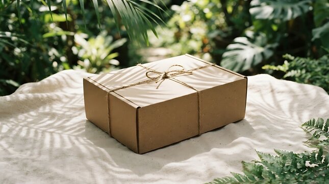 Cardboard box tied with string rests upon a white cloth surrounded by lush tropical foliage and sunlight shadows.