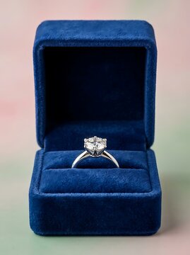 Elegant diamond solitaire engagement ring in a blue velvet box
