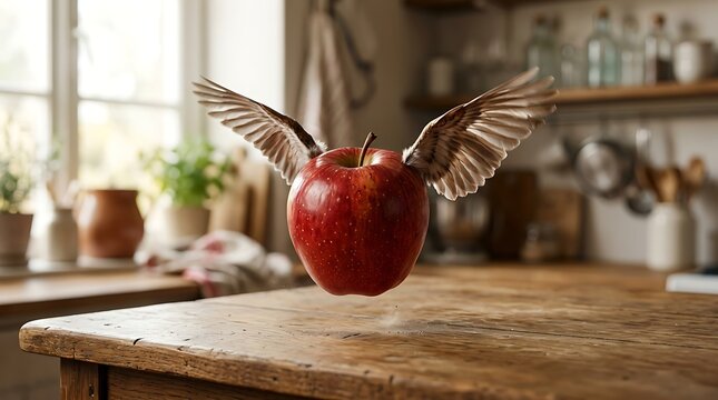 Red apple with wings flying above a rustic wooden kitchen table