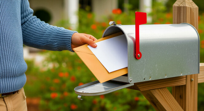 Person reaching into a metal mailbox to collect or deliver letters. Close-up of a hand holding envelopes against a blurred garden. Postal service concept for mail marketing and residential delivery.