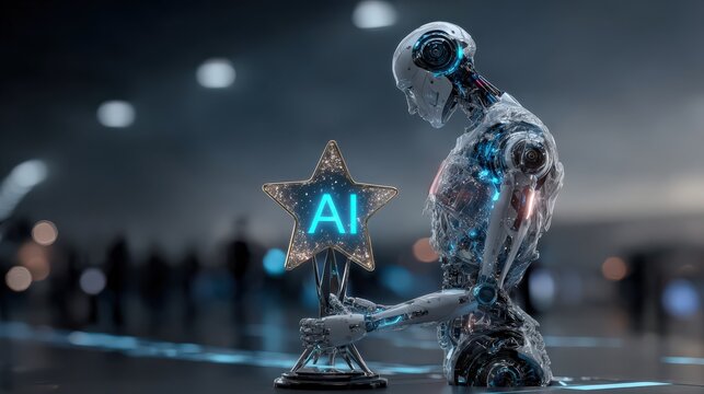 A futuristic robot contemplates a glowing star award inscribed with AI, symbolizing artificial intelligence, achievement. ..Created with Generative AI, not depicting real subjects.